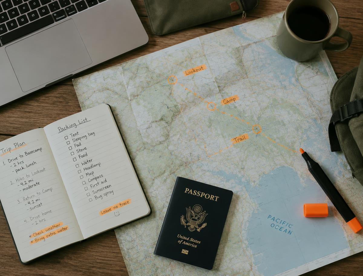 Planning desk with a marked map, trip notes, passport and highlighter