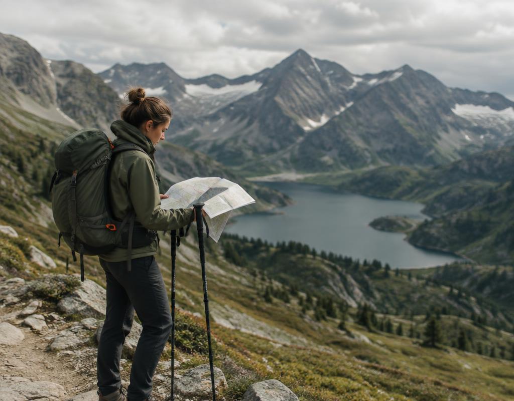 Hiker with trekking poles checking a map on a mountain trail