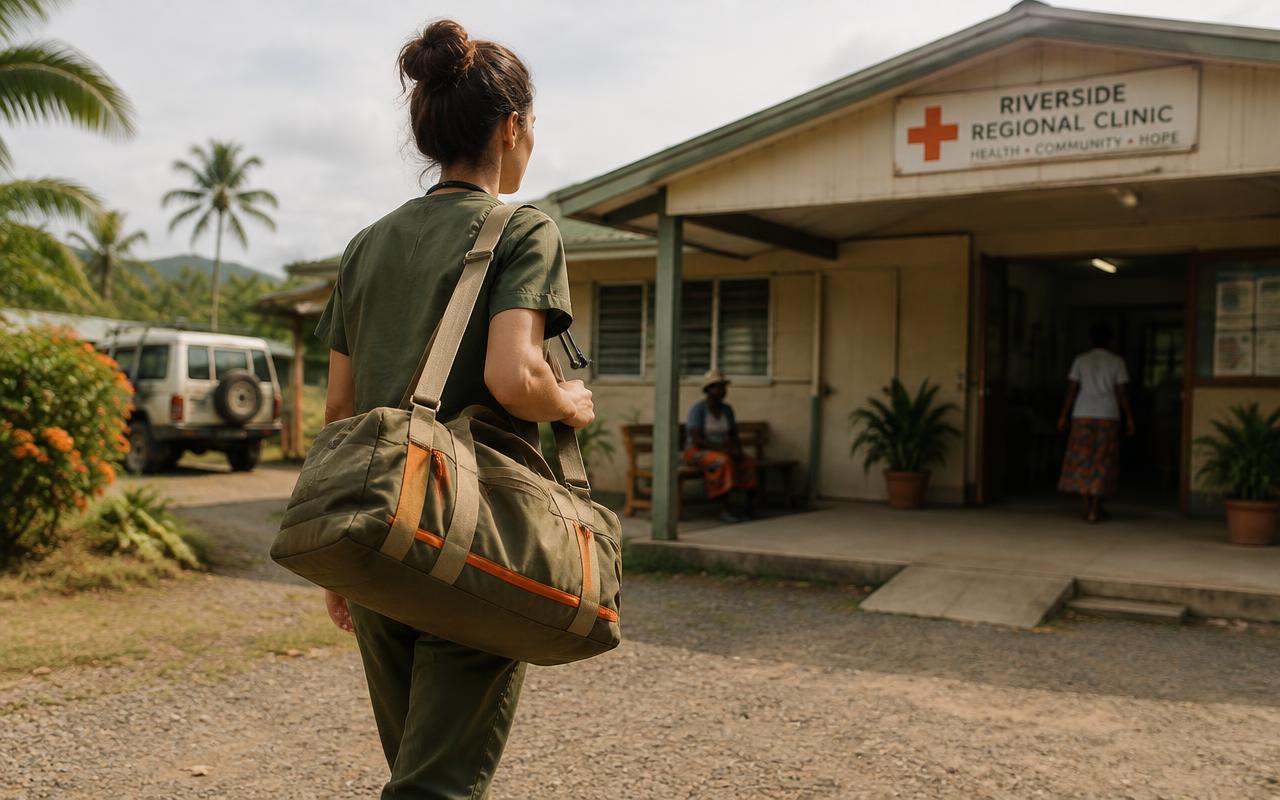 Clinician with a duffel bag arriving at a regional clinic
