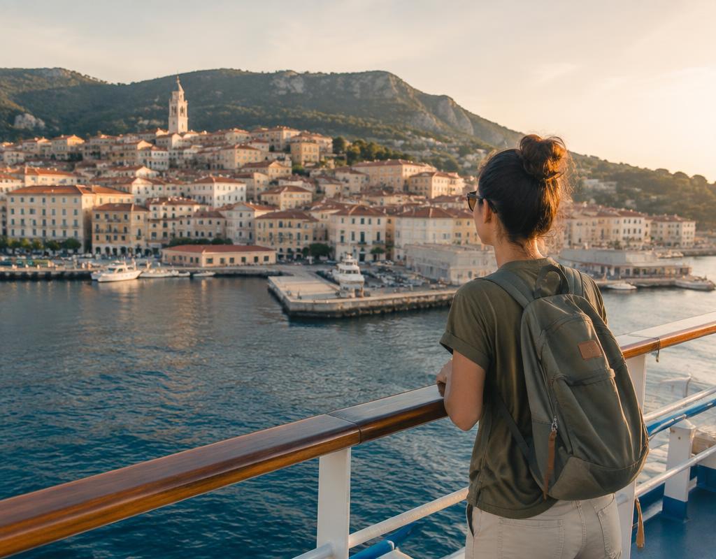 Cruise traveler on a ship deck looking at a Mediterranean port town