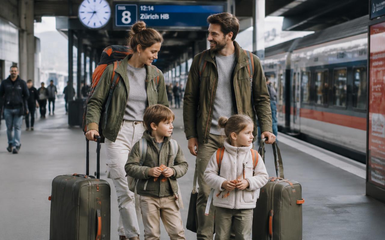 Family with two children and luggage on a train station platform