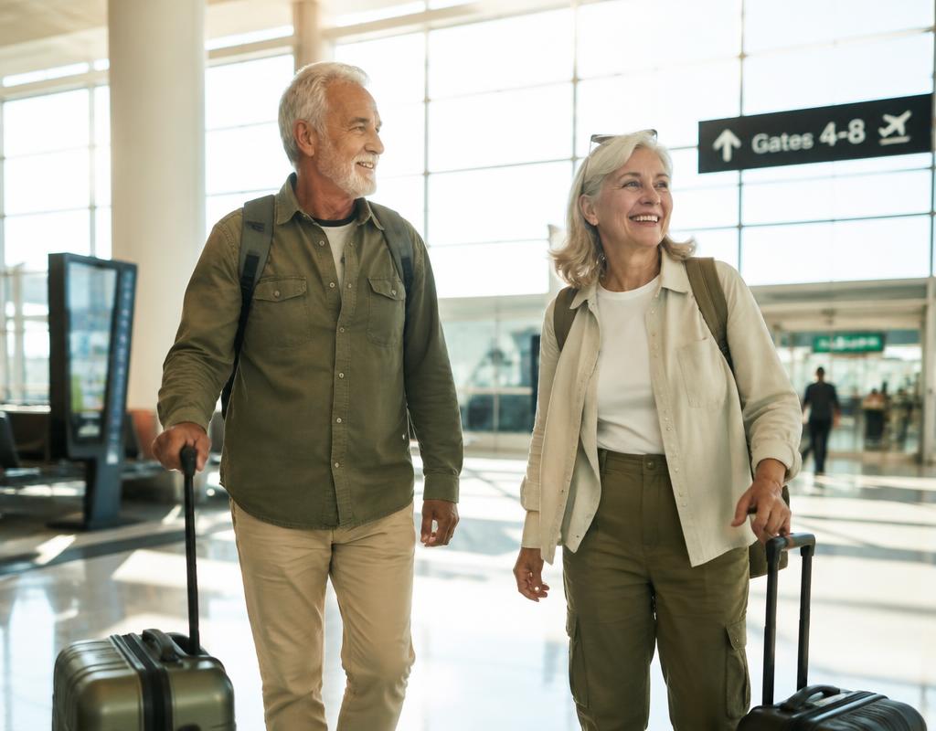 Senior couple with rolling luggage walking through a bright airport terminal