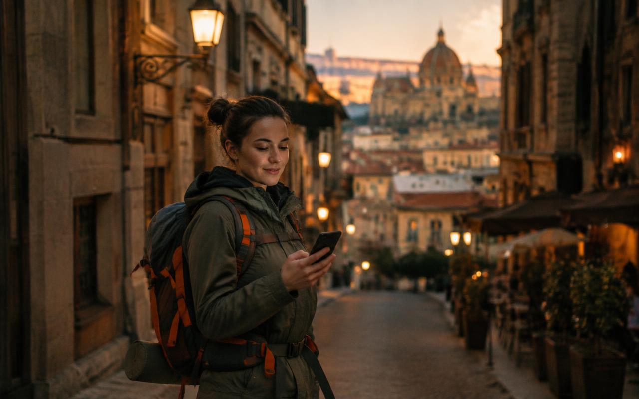 Solo backpacker checking directions on an old city street at dusk