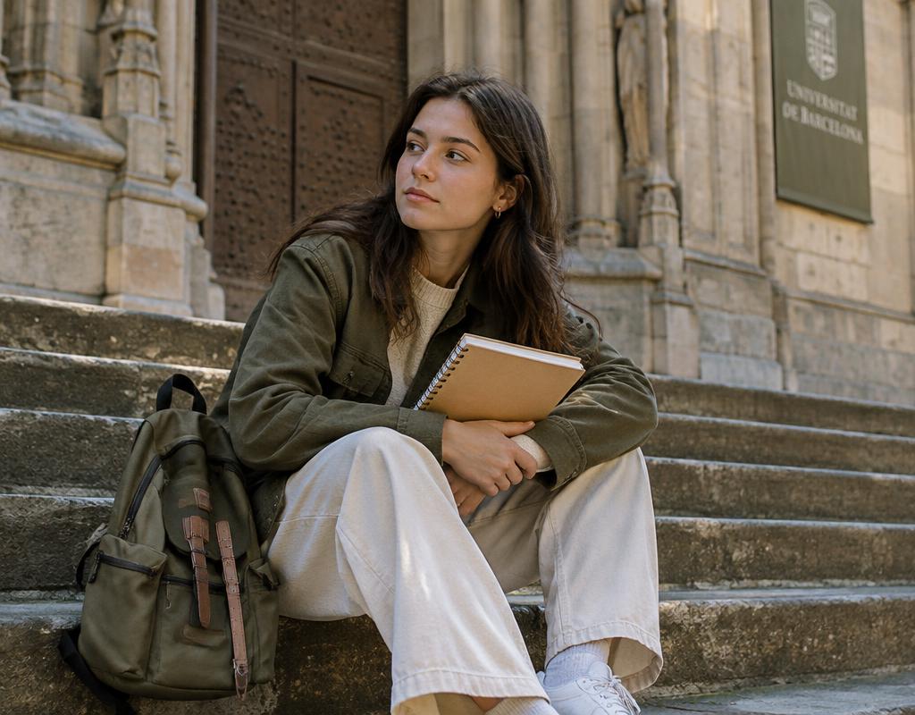 Student with a backpack on the steps of an old university building