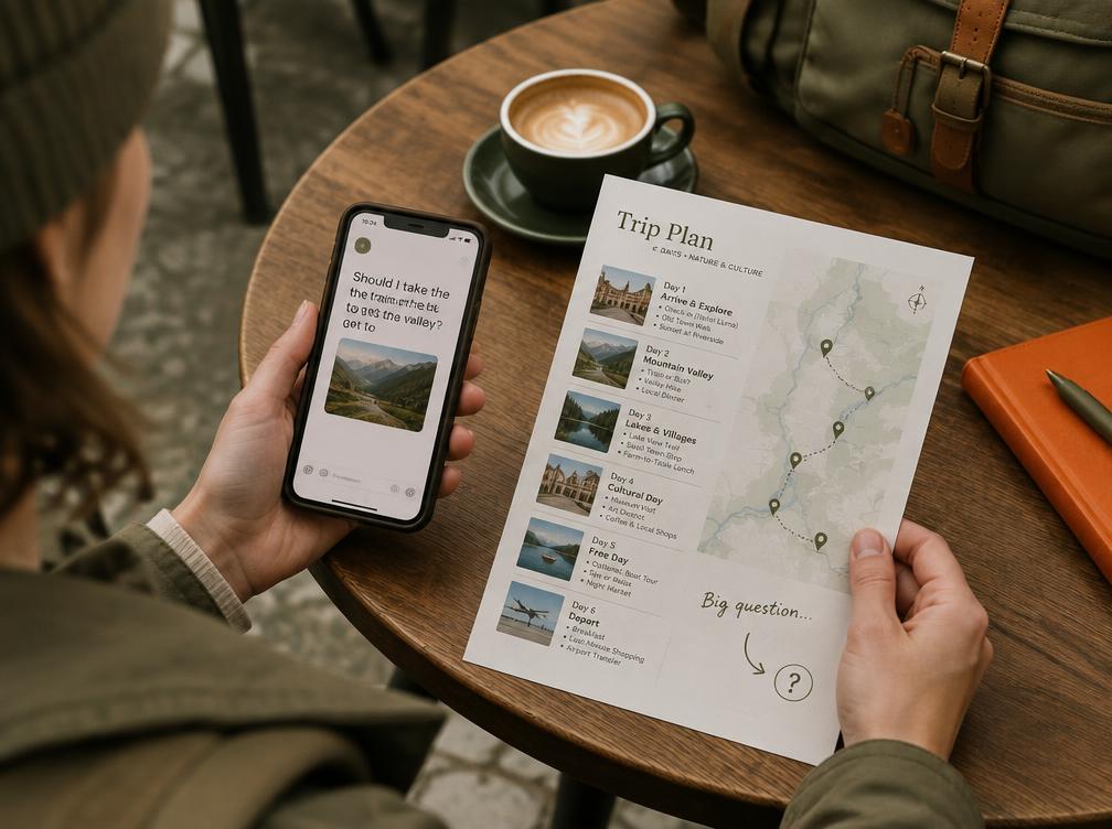 Traveler at a cafe with a phone and printed trip plan
